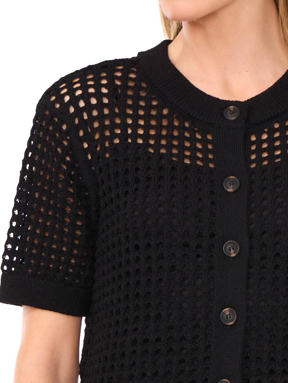 Cece Nordstrom Black Open-Knit Button-Front Sweater medium nwot mesh stitch M